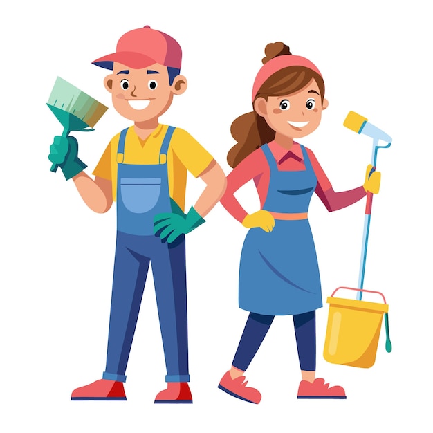 Cartoon schoonmaakteam van man en vrouw in uniform.
