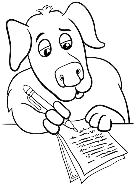 Cartoon schrijver of dichter hond schrijven op papier kleurplaat