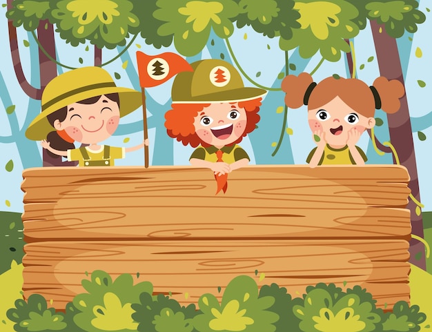 Cartoon scouts with wooden signboard