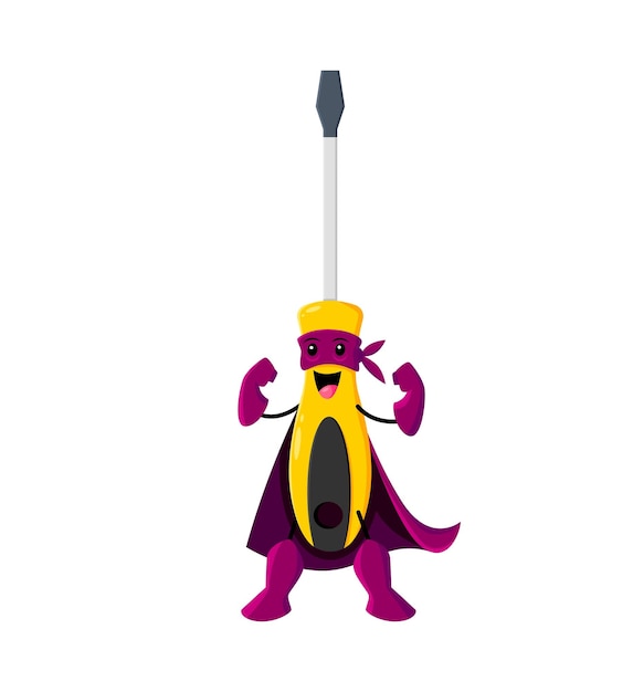 Cartoon screwdriver tool superhero character isolated vector instrument with magnetic personality and twisty sense of humor always ready to fix problems and save the day with his trusty superpowers