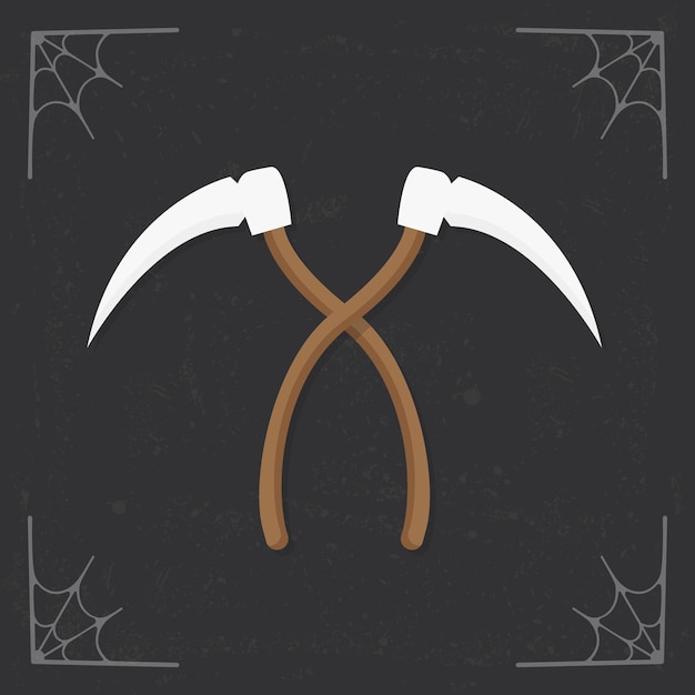 Cartoon scythe tool vector halloween illustration isolated on stylized dark background