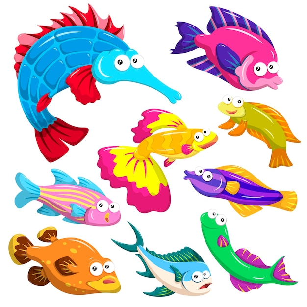 Vector cartoon sea animals collection with white background