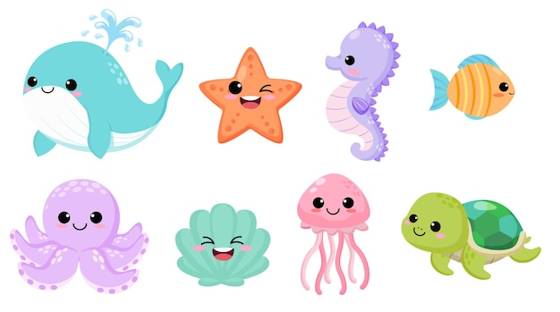 Cartoon sea animals Cute ocean fish octopus shark and turtle jellyfish crab and seal