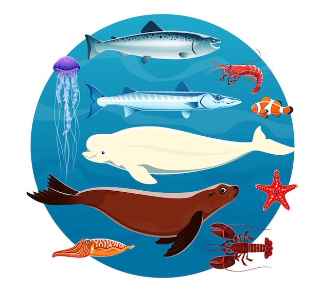 Animali marini dei cartoni animati e personaggi di pesci oceanici