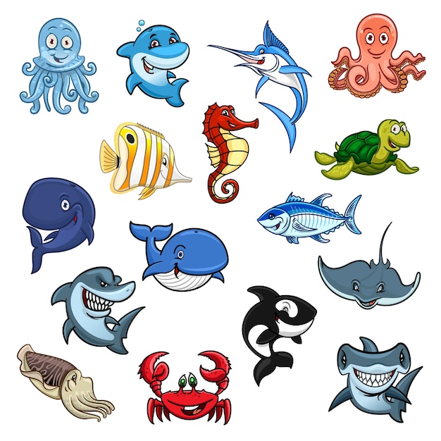 Cartoon sea animals ocean fishes illustration