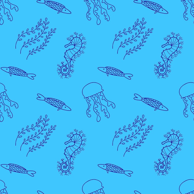 Vector cartoon sea animals on the seamless pattern sea horse seaweed fish jellyfish vector illustration