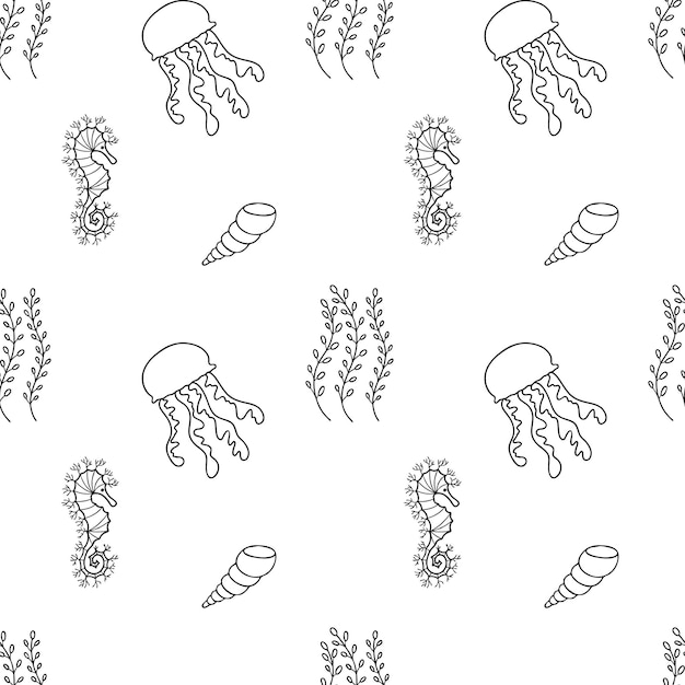 Vector cartoon sea animals on the seamless pattern shell jellyfish seaweed seahorse underwater wildlife