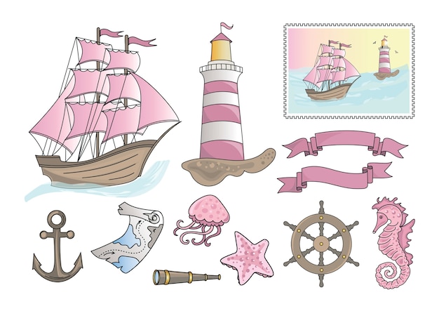 Cartoon sea clipart color vector illustration set