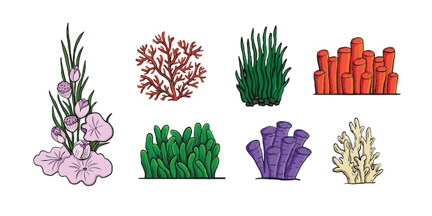 A cartoon of sea creatures including a coral reef and a seahorse.