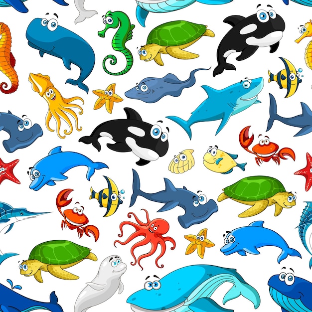 Cartoon sea fishes and animals vector pattern