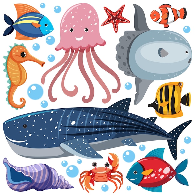 Vettore cartoon sea life seamless pattern con personaggio di animali marini