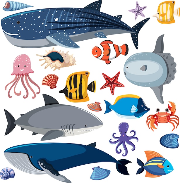 ベクトル 海の動物のキャラクターと漫画の海の生活のシームレスなパターン