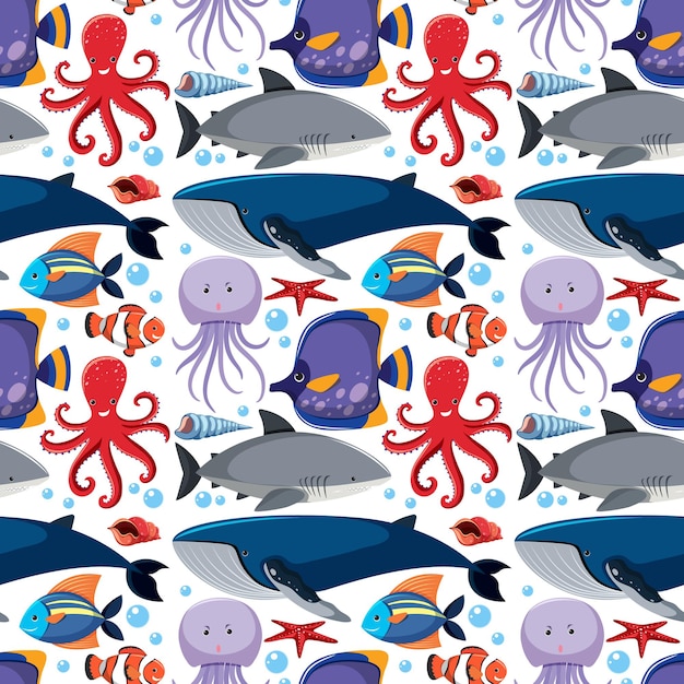 Cartoon Sea Life Seamless Pattern with Sea Animals