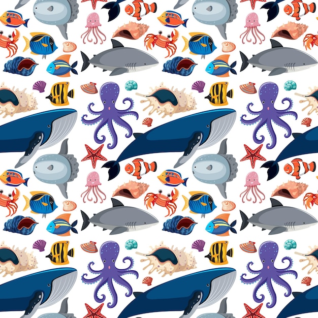 Cartoon Sea Life Seamless Pattern with Sea Animals