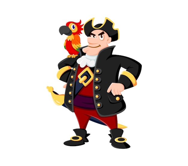 Cartoon sea pirate captain character with parrot