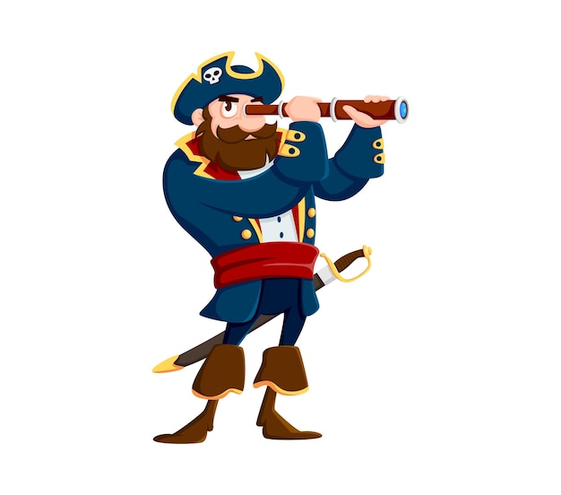 Vector cartoon sea pirate captain peers through spyglass