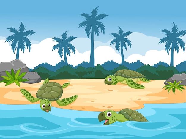 Cartoon sea turtles on the beach