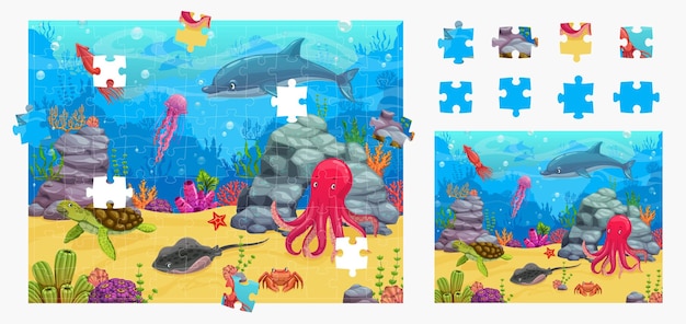 Cartone animato mare paesaggio sottomarino pezzi del gioco puzzle figura trova il pezzo del quiz abbina il foglio di lavoro vettoriale del puzzle con delfini meduse tartarughe marine e polpo skate granchio animali simpatici personaggi