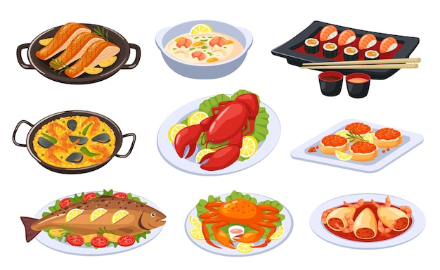 Мультфильм блюда из морепродуктов Азиатская еда и кухня суши омар, лосось, креветки, суп запеченная рыба, векторный набор