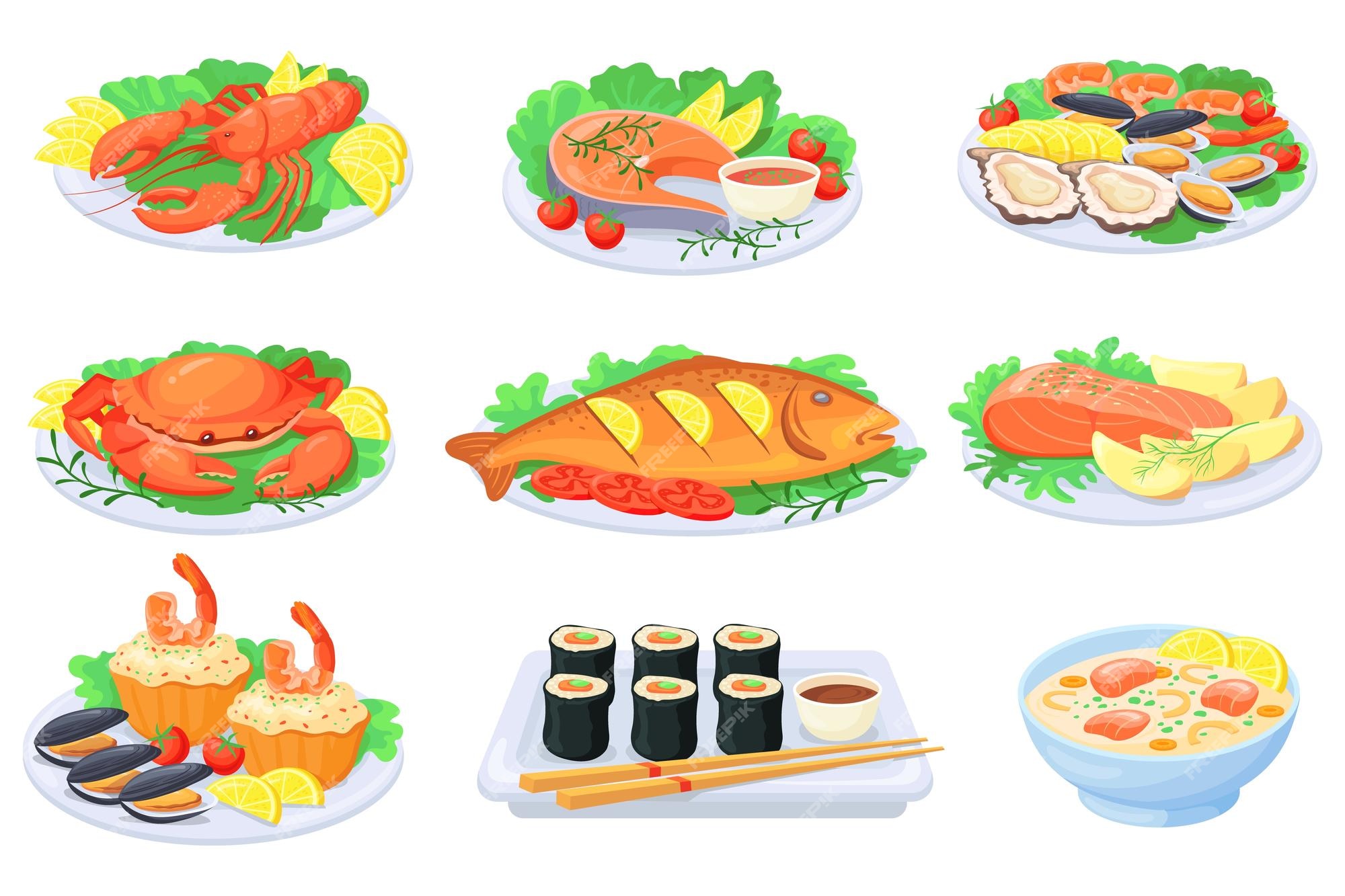 Premium Vector | Cartoon seafood plate sea food dishes cooking fish
