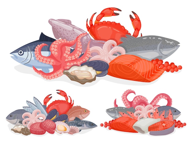 Cartoon seafood products design for menu, shop poster or package. Pile with ocean fish, lobster, oysters and crab. Marine food vector set. Advertisement for restaurant or shop with seafood