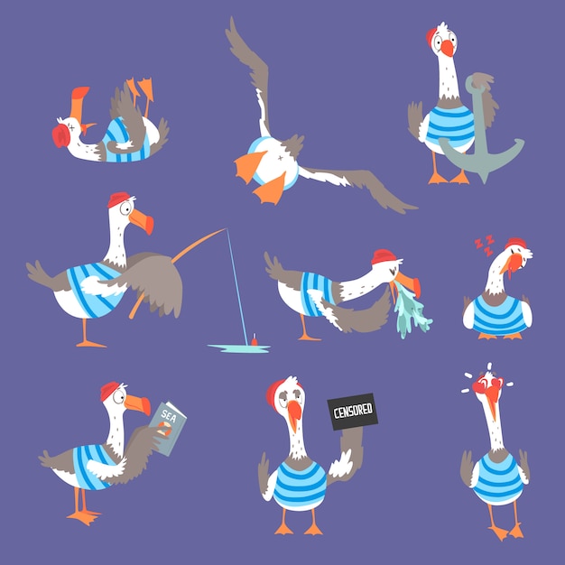 Gabbiani del fumetto con diverse pose ed emozioni impostate, simpatici personaggi di uccelli comici