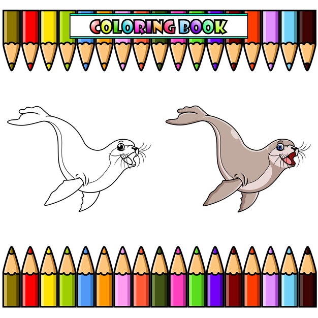 Cartoon seal swimming for coloring book