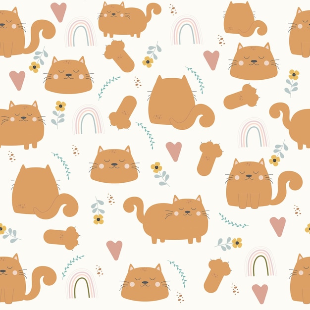 Cartoon seamless boho style cat pattern vector illustration