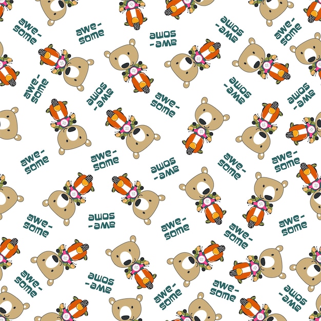 Vector cartoon seamless pattern of cute bear riding scooter