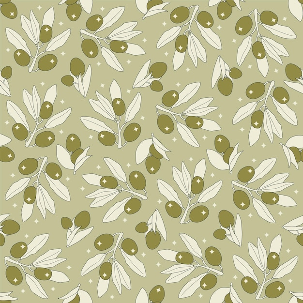 Cartoon seamless pattern of olive and leaves. Vector outline flat illustration