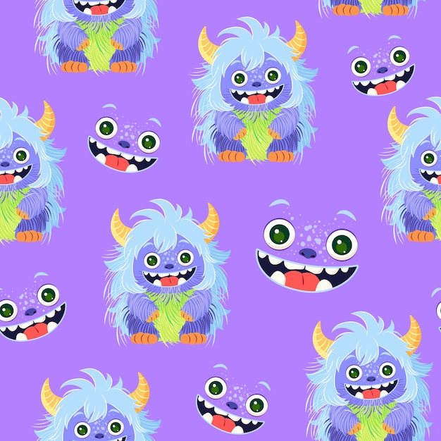 Cartoon seamless pattern with cute fluffy monsters Vector tile for childish print wrapping paper
