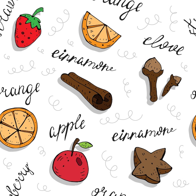 Cartoon seamless pattern with fruits berries spices