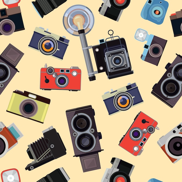 Cartoon seamless pattern with illustrations of retro photo cameras. Photo equipment with flash pattern, device photocamera