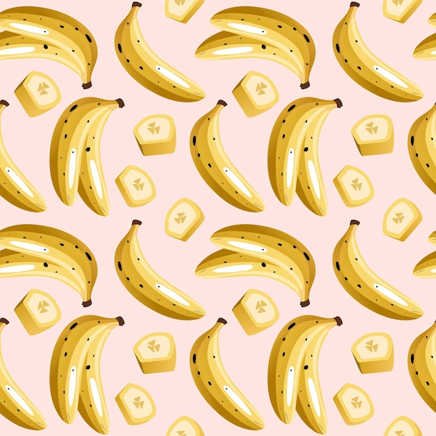 Cartoon seamless pattern with juicy bananas on white background Tropical trendy fruits