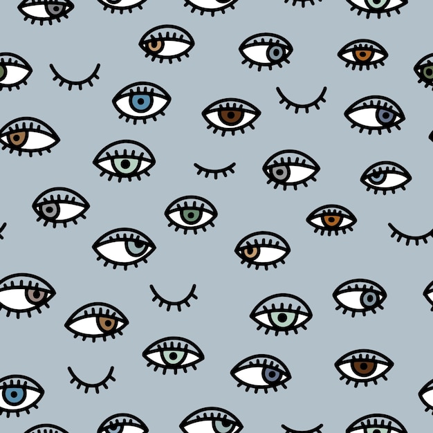 Cartoon seamless pattern with open and closed eyes in a simple handdrawn style on a blue background