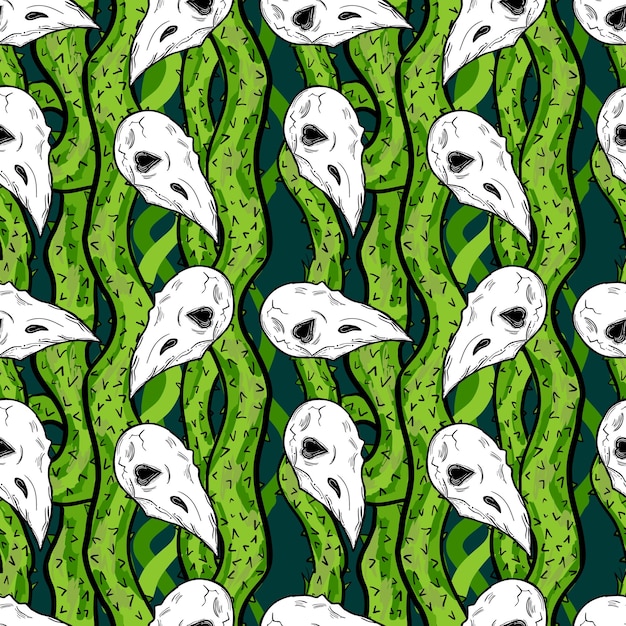 Cartoon seamless pattern with thorn branches and crow skulls Spooky background