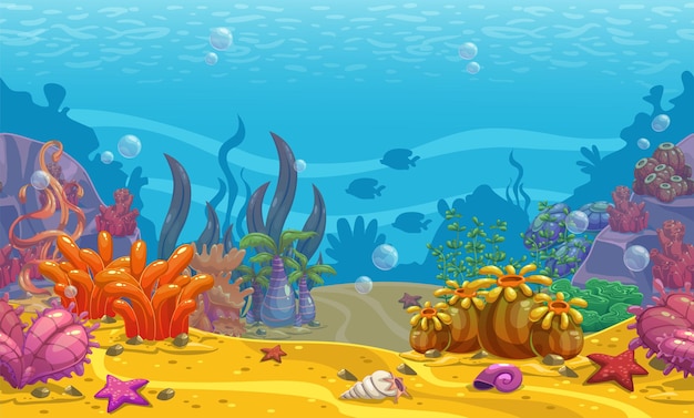 Cartoon seamless underwater background Ocean bottom nature Vector illustration