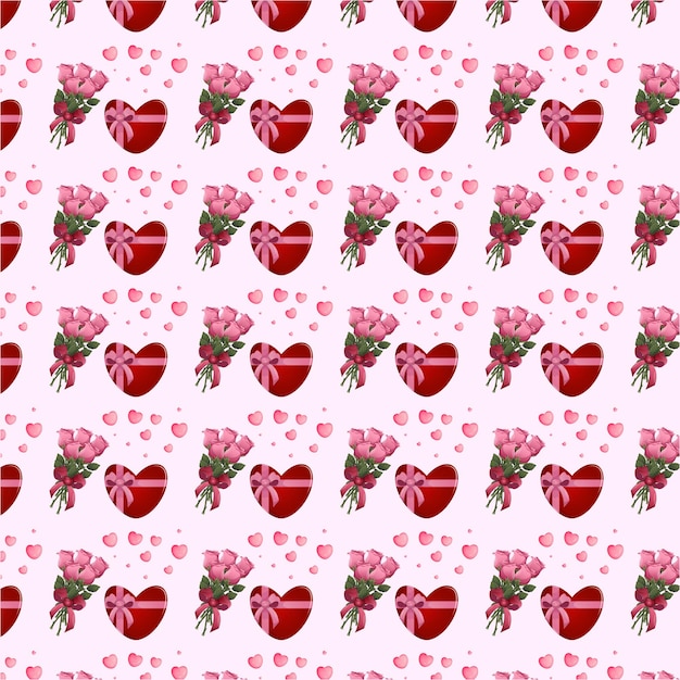 Cartoon seamless Valentine's day pattern, digital paper, heart-shaped gift box and bouquet of roses