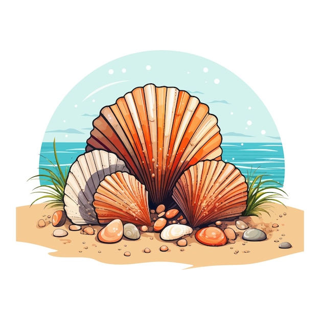 Cartoon seashells on a beach Vector illustration