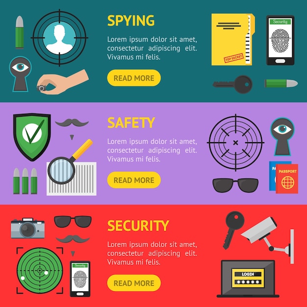 Вектор cartoon security and spy banner horizontal set vector