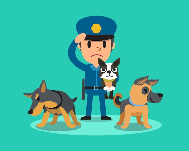 Cartoon security guard policeman with police guard dogs