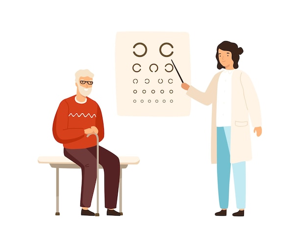 Vector cartoon senior male at ophthalmologist reception vector flat illustration. female oculist examination vision of patient with eyesight check table isolated on white. medical person pointing at symbol.