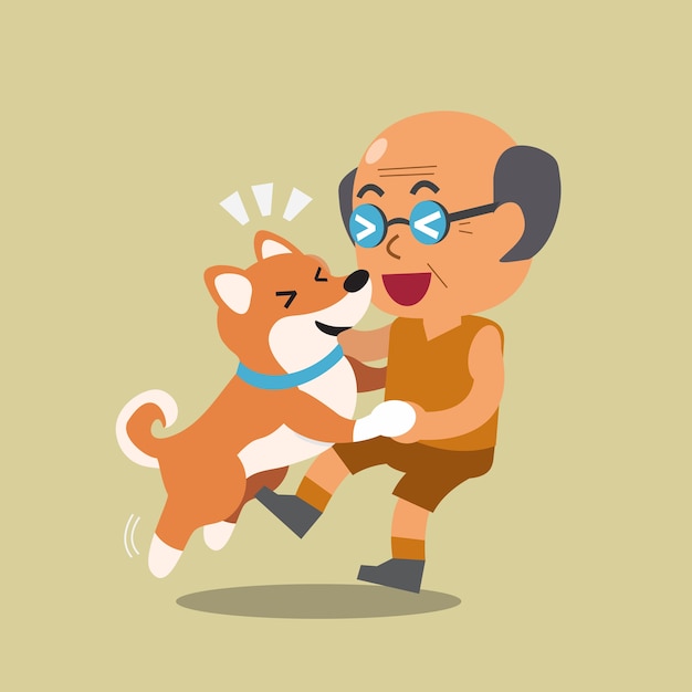 Cartoon senior man met shiba inu hond