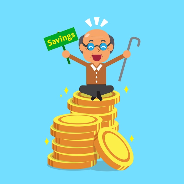 Cartoon senior man with money coins