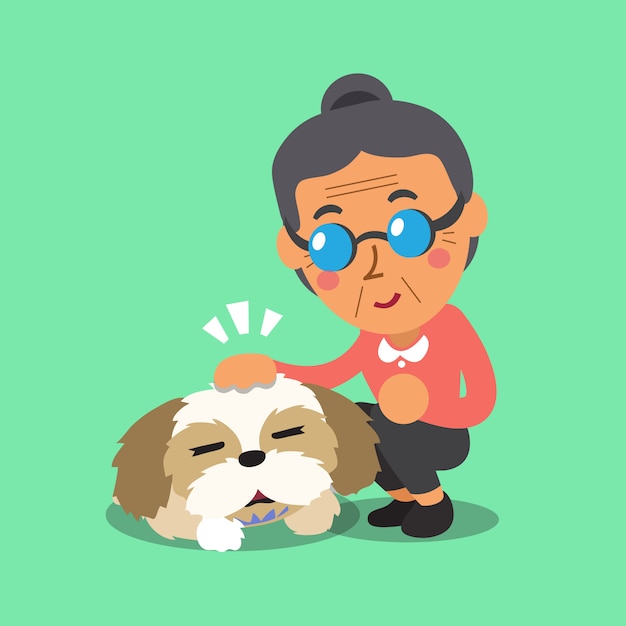 Cartoon senior vrouw en haar hond