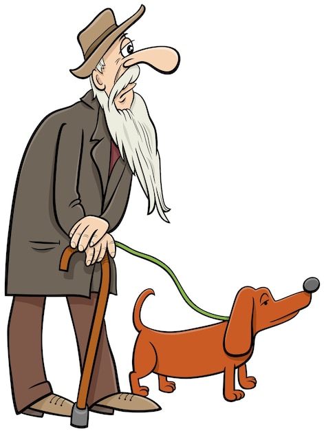 cartoon senior wandelen met hond stripfiguren