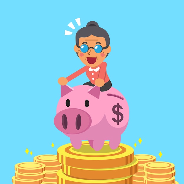 Cartoon senior woman riding pink piggy bank 