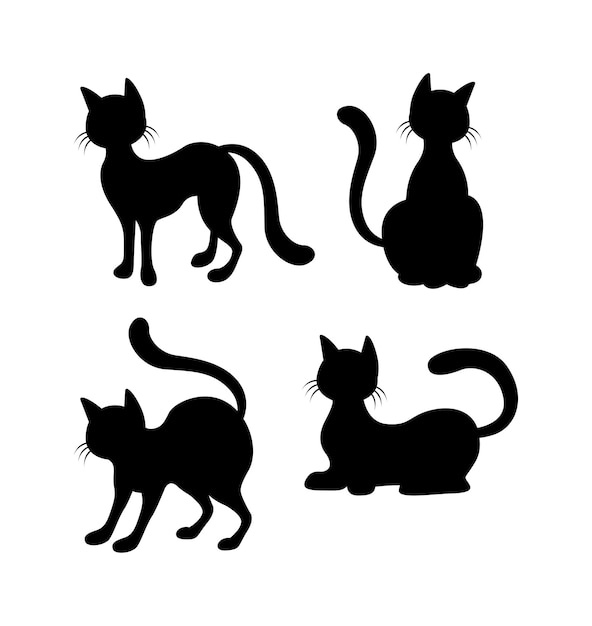 Cartoon set of black halloween holiday silhouette elements of cats isolated on white background