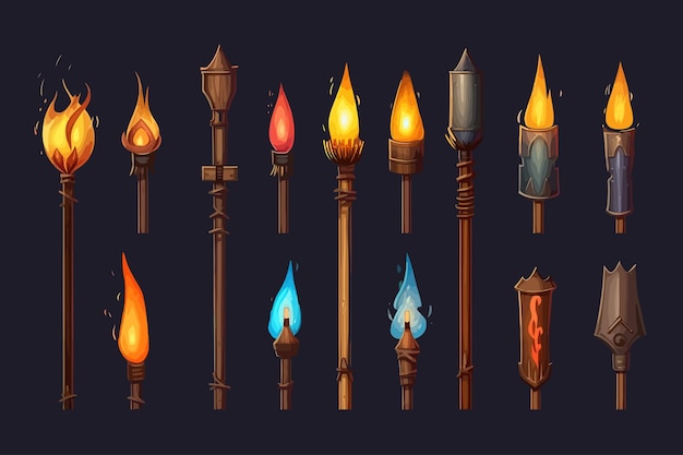 Cartoon set of burning and extinct torches isolated on background Vector cartoon flat elements isolated on background