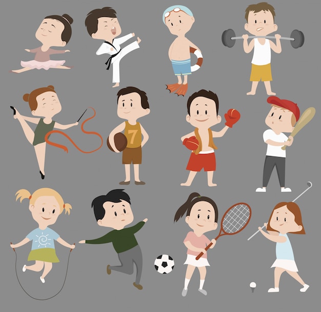 Vector cartoon set of children in sports training. collection of children involved in various sports.